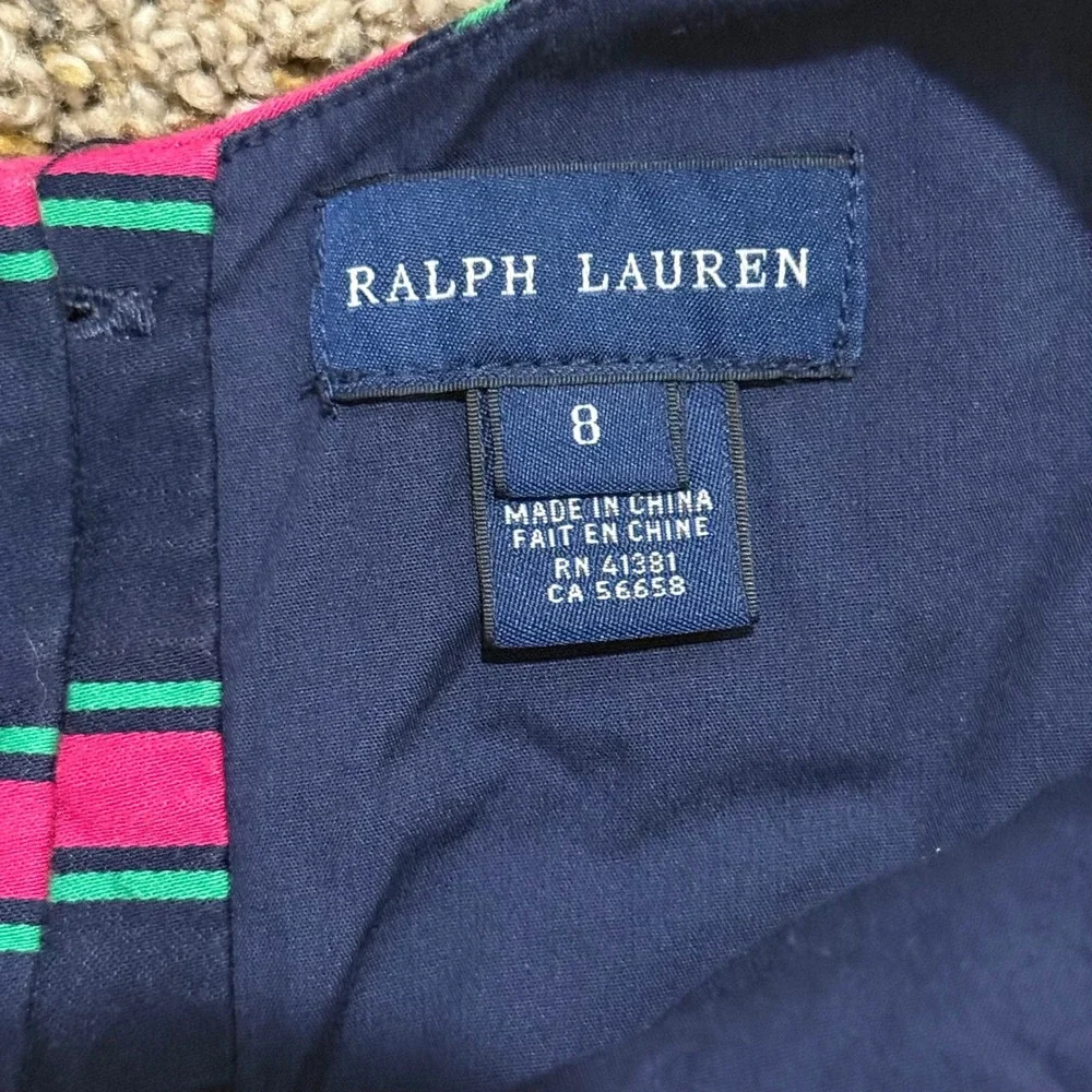 Ralph Lauren Girls Sz 8‎ Navy Pink Green Striped Bow Back Party Dress Sleeveless